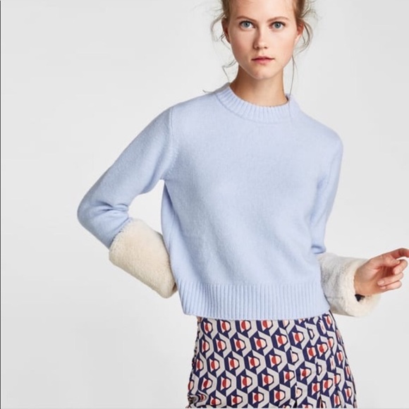 Zara Baby Blue Sweater with faux fur Cuffs - Picture 3 of 8